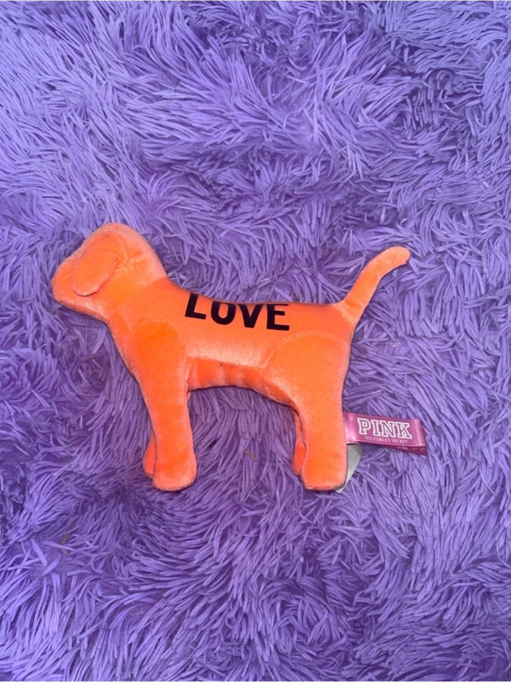 Vintage PINK Victoria's Secret Orange Plush Dog Toy with LOVE Graphic